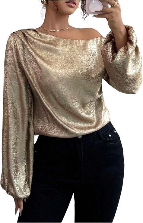 RoseSeek Women's Metallic Off Shoulder Tops Long Bishop Sleeve Blouses Elegant Tops, M