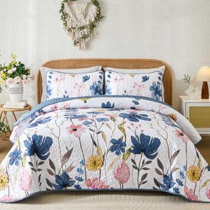 Anibedding Dark Blue Quilt Set King, Floral Bedspread Soft Microfiber Lightweight King Size Quilt Bedding Sets Flower Coverlet for All Season(King, 104"x90")