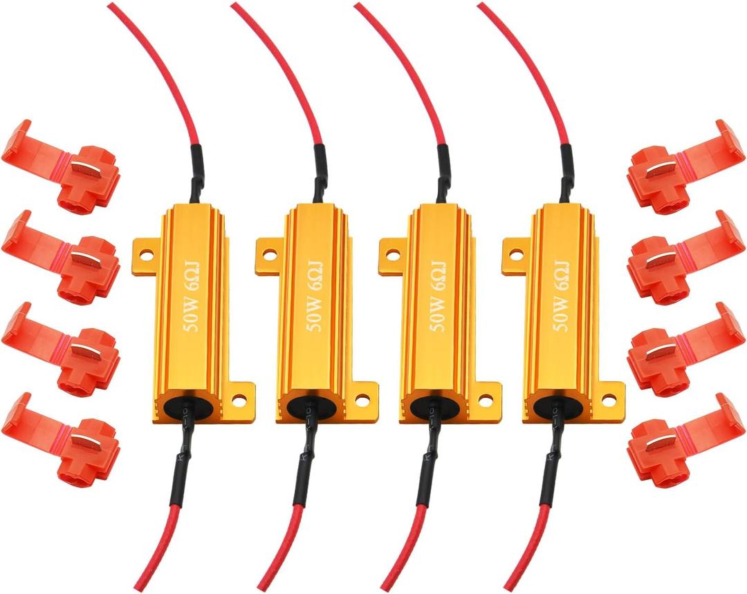 AUXLIGHT 4Pcs Quality 50W 6ohm Load Resistors - Fix LED Bulb Hyper Flash/Error Code, Turn Signal Fast Blinker (Resistors get very hot during working) (Gold)