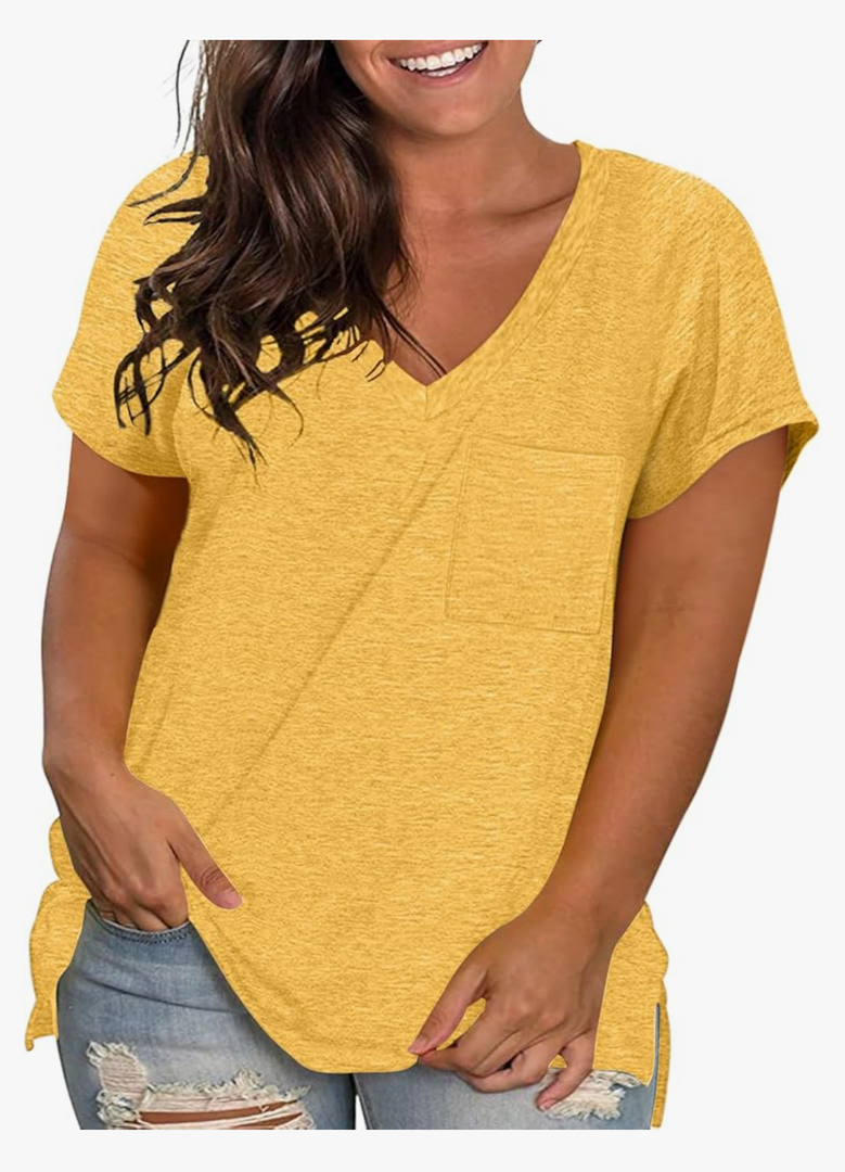 Womens Plus Size T Shirts V Neck Short Sleeve Side Split High Low Tops Casual Summer Tees with Pocket XL-5XL Yellow