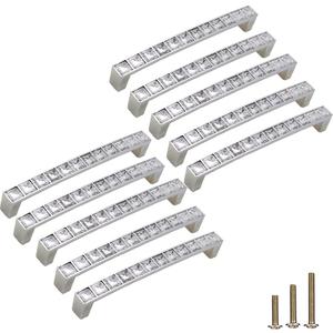 ESreake 10 Pack Large U Shape Diamond Crystal Glass Cabinet Pulls Knobs Handles, Modern Decorated Shiny Dresser Drawer Pulls Handles for Cupboard Wardrobe Dresser (5" Hole Centers, 10 Pack)