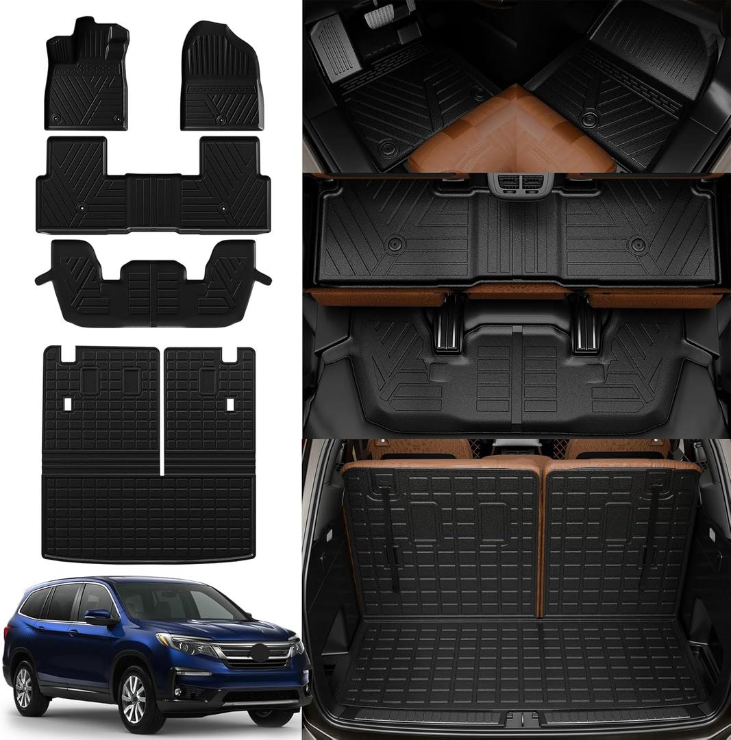 Rongtaod Floor Mats Compatible with 2023 2024 2025 Honda Pilot Trunk Liner Cargo Liner Cargo Mat Back Seat Cover Protector Pilot Accessories (Trunk Mat with Backrest Mat+Floor Mats)