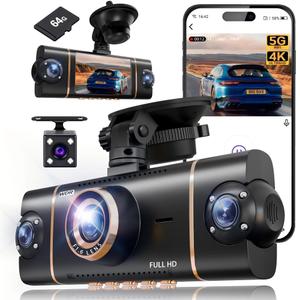 4 Channel 360° Dash Cam Front Rear Inside and Left Right, 4K+1080P*3 FHD Car Camera, 5GHz WiFi and App Control, 24H Parking Mode, 8 IR Lamps Night Vision, Includes 64GB SD Card, Black