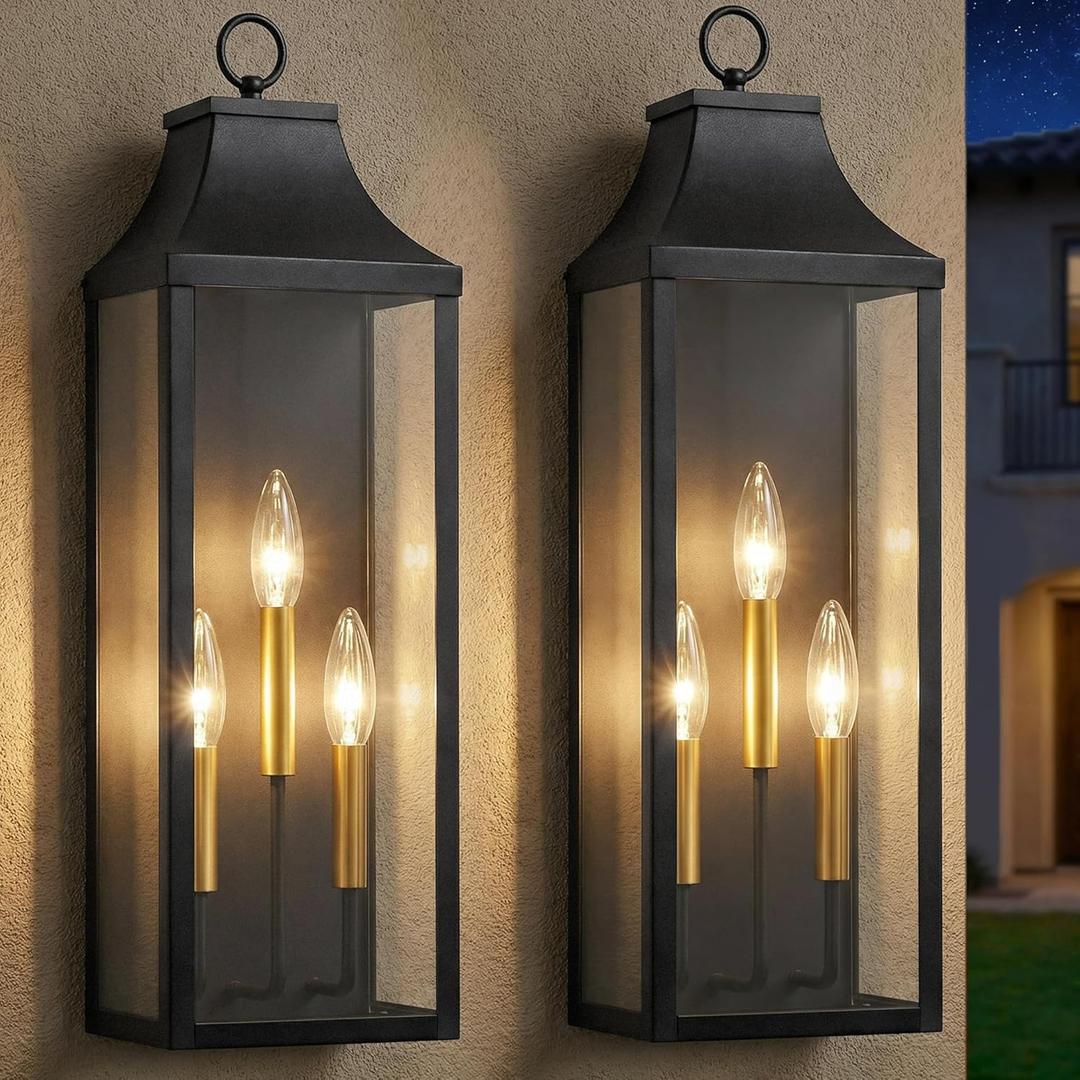 2-Pack 24" Large Outdoor Wall Lights,E12 Black Exterior Light Fixture Wall Mount, Farmhouse Porch Lights Outdoor Wall Lantern with Clear Glass, Waterproof Outside Sconce Lights for House Garage, 24 Inch-No Sensor