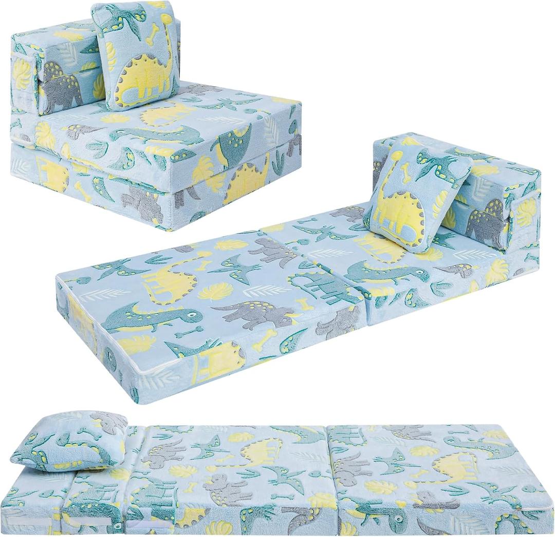 MeMoreCool Glow Dinosaur Tri-fold Sofa Bed for Kids, Foldable Futon Mattress and Chair, Convertible Floor Couch for Playroom