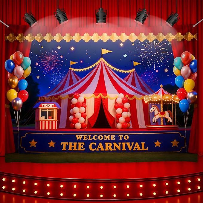 Carnival Circus Tent Party Backdrop 72 x 44 Inch, Carousel Ticket Red Curtain Fireworks Balloon Background for Party Decorations, Birthday Carnival Banner Photo Props Supplies
