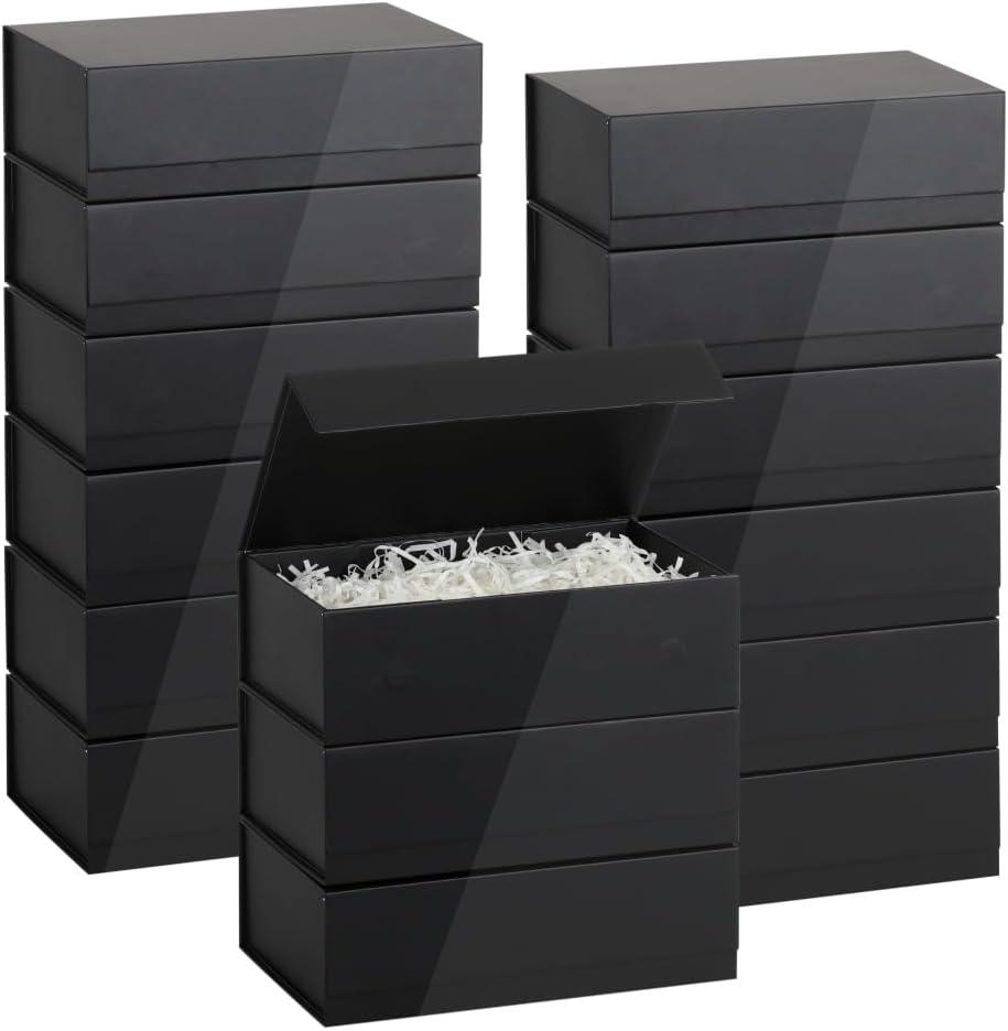 Black Magnetic Gift Box 15 Pack 12X6X4 Inch Foldable Gift Boxes Bulk Black Gift Boxes with Lids Packaging for Small Business Luxury Gift Box Shredded Paper Filler
