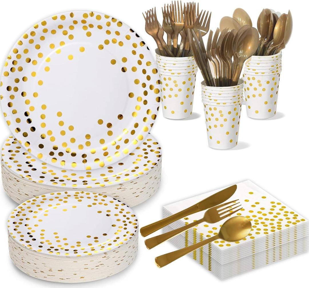 White and Gold Plates and Napkins Set - 175pcs Disposable Paper Plates Party Supplies for Birthday, Wedding, Baby Shower, Graduation, Valentines (Serve 25 Guests)