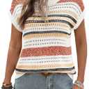 Ivicoer Crochet Sweaters Hollow Out Tops Round Neck Cute Cap Sleeve Summer Tops for Women 2025 Summer Top Orange Stripe S