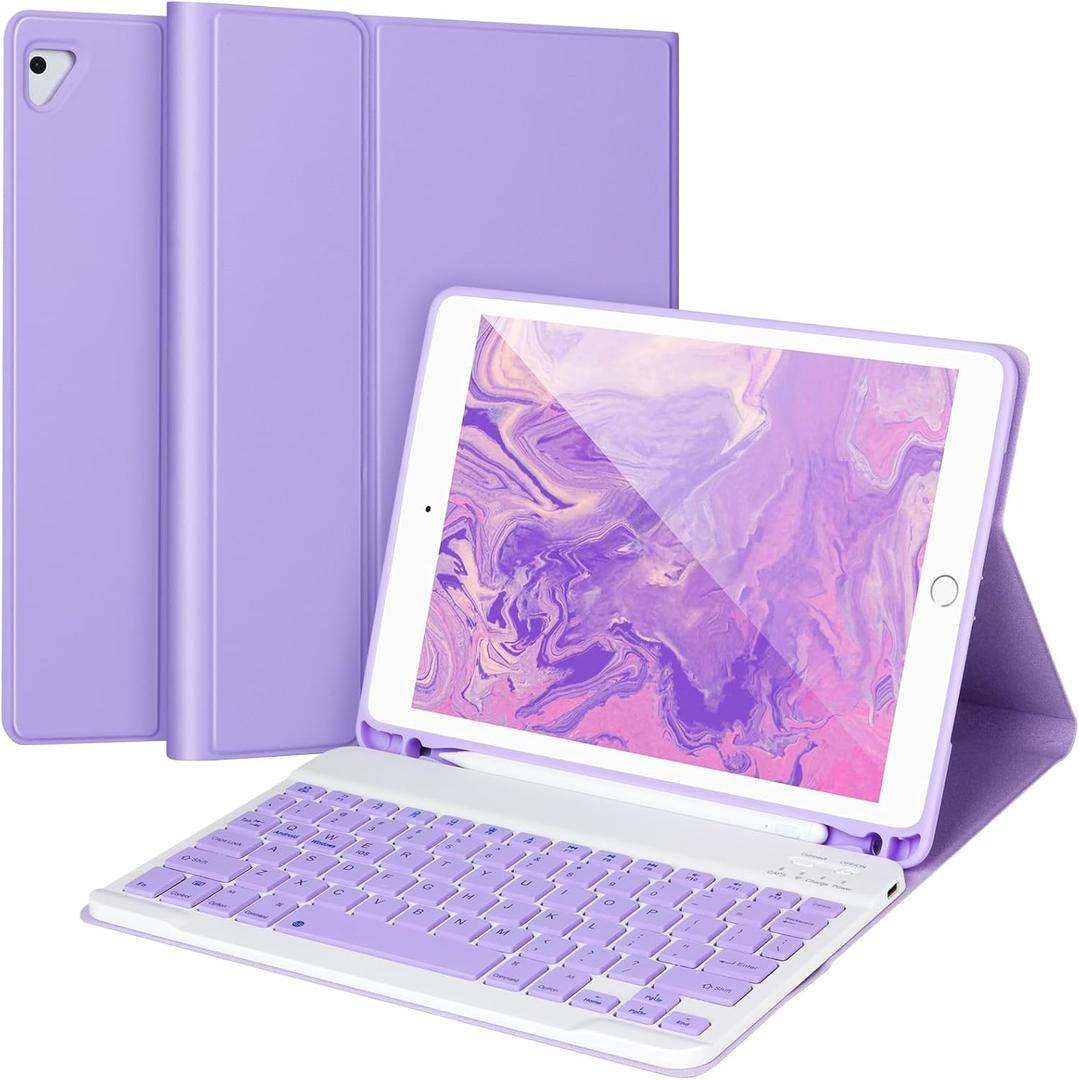 for iPad 6/5th Generation Case with Keyboard 2018/2017,Detachable Bluetooth Keyboard case for iPad Air 2/1,iPad Keyboard Case 9.7 inch with Pencil Holder,Square Keycaps,Purple