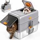 Stainless Steel Cat Litter Box with Lid, XL High Sided Enclosed Litter Box with Scoop, Front and Top Entry Metal Litter Pan for Large Cats, Odor Control, Anti-Leakage & Easy Cleaning, Grey