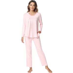 NACHILA Pajamas for Women Long Sleeve Sleepwear Comfy Pants Pajama Set Pleated Pjs with Pocket,Viscose Made from Bamboo, L
