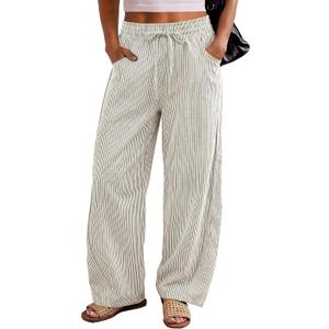 ANRABESS Womens Striped Barrel Casual Pants 2026 Trendy Summer Elastic Drawstring Baggy Lounge Wide Leg Trousers with Pockets (Beige, XL)