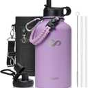 64oz Insulated Water Bottle with Paracord Handle, INSPI Half Gallon Stainless Steel Water Bottle with Straw, Sports Water Jug with Carry Pouch and Carabiner for School & Hiking, Keep Cold Hot, Purple