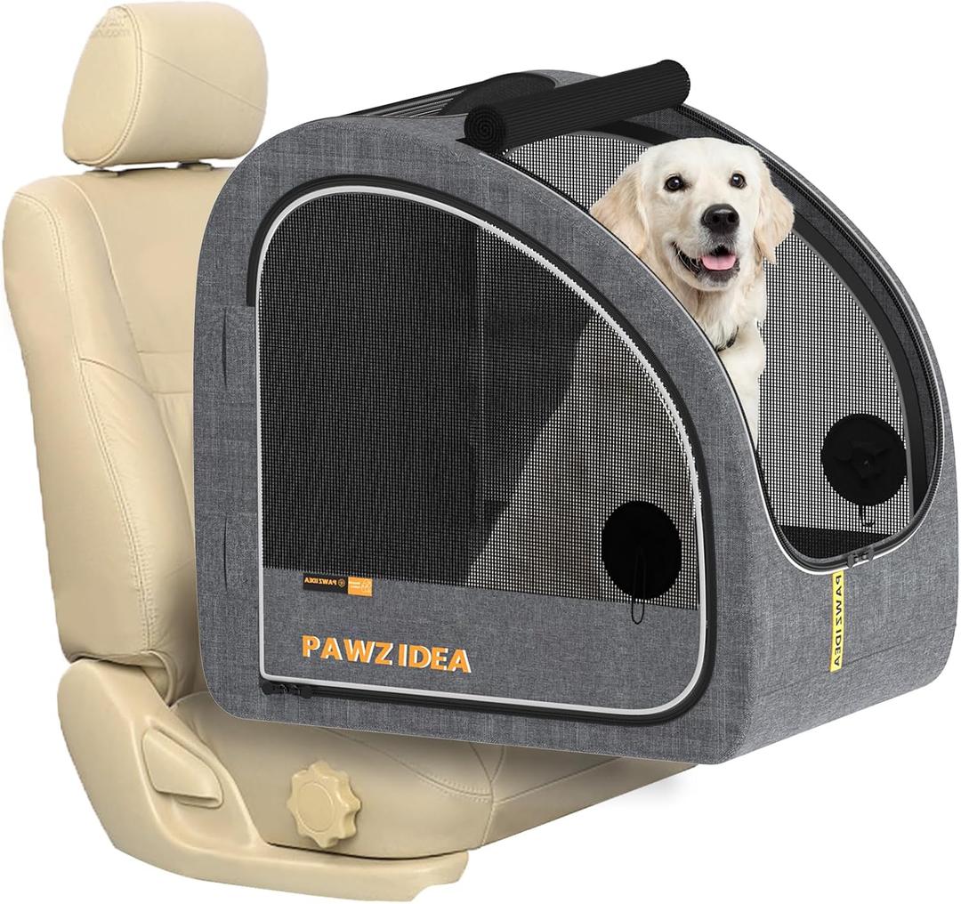 PAWZIDEA Portable Dog Crate for Car Travel, Collapsible Pet Travel Crates  Enclosed Soft-Sided Car Kennel Carrier for Backseat, Secures w/Seatbelt & Headrest Strap, Chew-Proof, Mid-Hemp Grey, Large