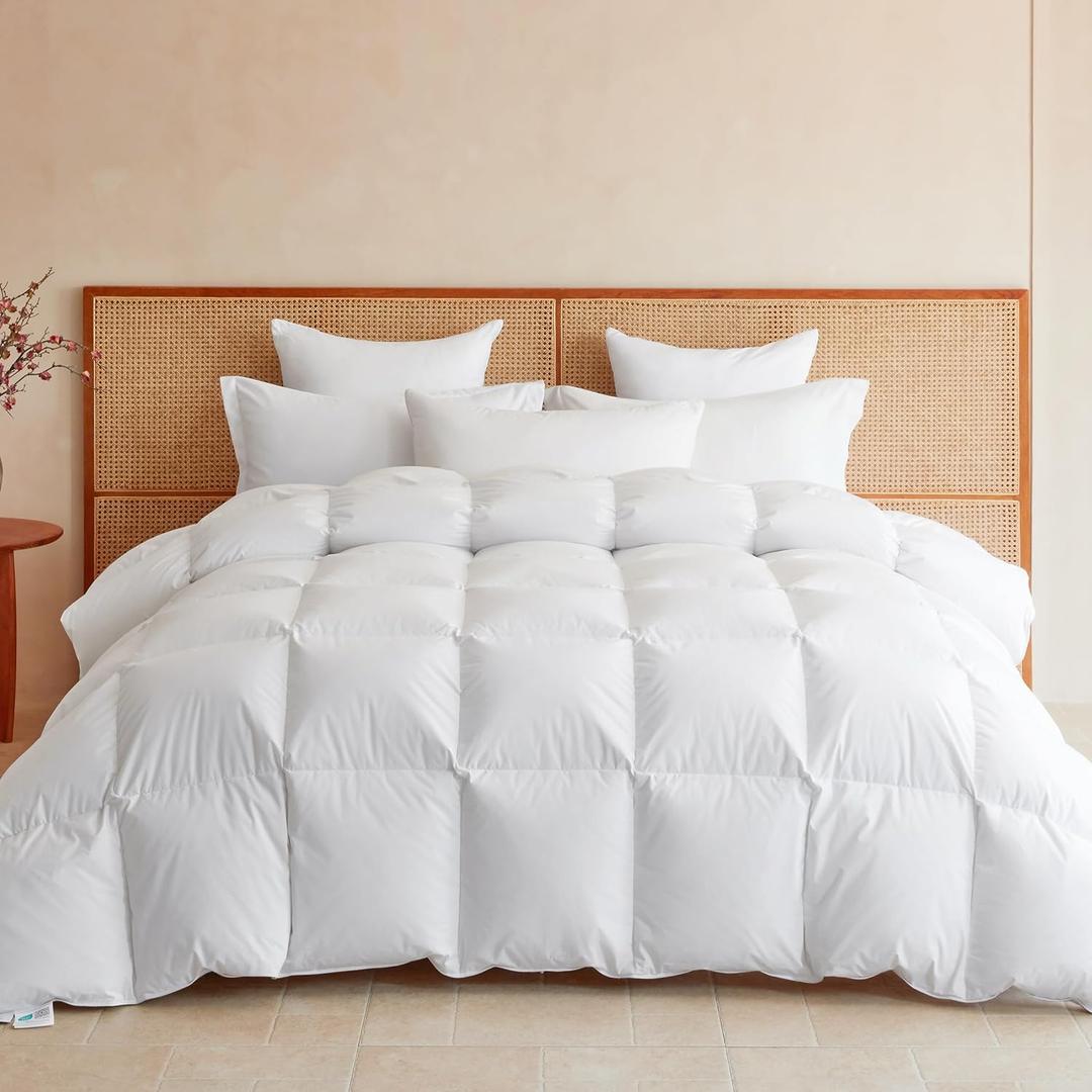 Goose Feather Down Fiber Comforter Palatial King Size, All Season Duvet Insert, 750+FP Hotel Bed Comforter, Ultra Soft 100% Organic Cotton Fabric, 120x98 Inches (White)