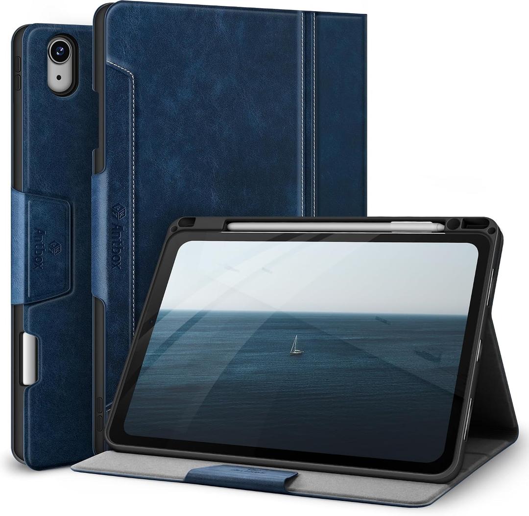 Antbox Case for iPad Air 11-inch M4/M3/M2 (2026/2025/2024), iPad Air 5th/4th Generation 10.9'' Vegan Leather with Pencil Holder Typing Angle Auto Sleep/Wake Muti-Stand (Blue)