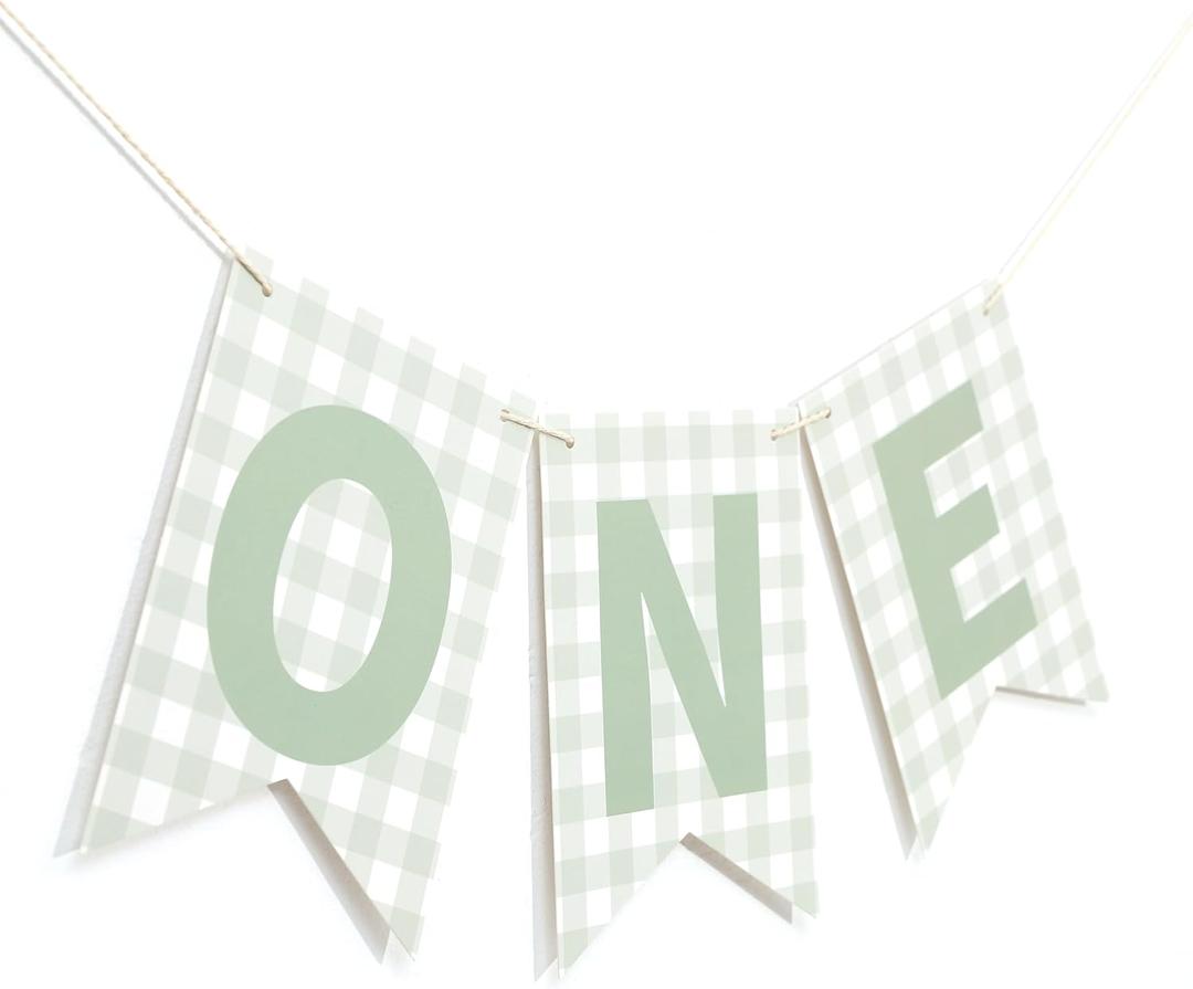 Sage Green Gingham One High Chair Banner - Green Gingham First/1st Birthday Decoration, Boy/Girl First/1st Birthday Highchair Banner