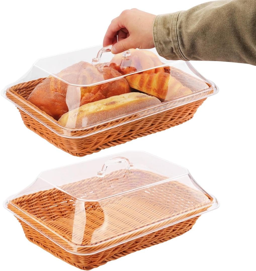 2 Pack 14 inch Poly Wicker Bread Basket with lid, 14 x 10 inches Rattan Bread Basket with Cover for Serving Fruit, Vegetables, Pastries, Poly Wicker Basket for Kitchen, Party, Restaurant