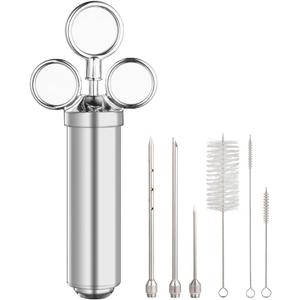 Brigii Meat Injector Syringe, 2oz Turkey Injector Seasoning, 304-Stainless Steel Seasoning Injector with 3 Marinade Needles and 3 Cleaning Brushes for Smoked BBQ Grilling