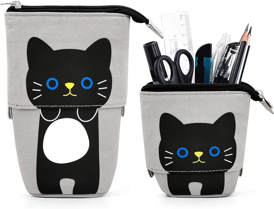 Cat Cute Standing Pencil Case for Kids, Pop Up Pencil Box Makeup Pouch, Stand UP Cartoon Christmas Gift Kids Pen Holder Organizer Cosmetics Bag, Kawaii Stationary (Black Cat)