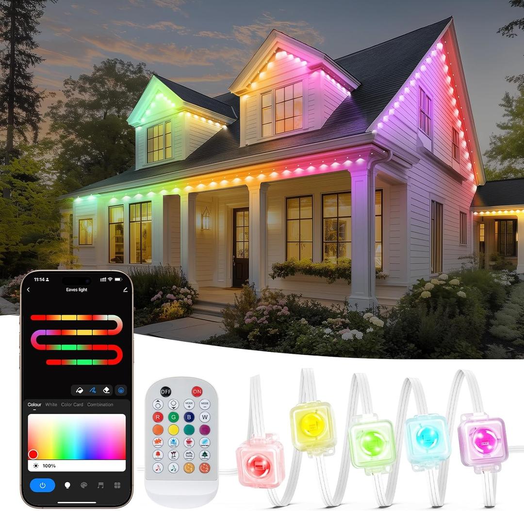 32ft Multicolor RGB LED Eaves Lights, 25 LED, Smart App & Remote Control, IP67 Waterproof, Permanent Outdoor Lights for Garden, Holiday, Christmas