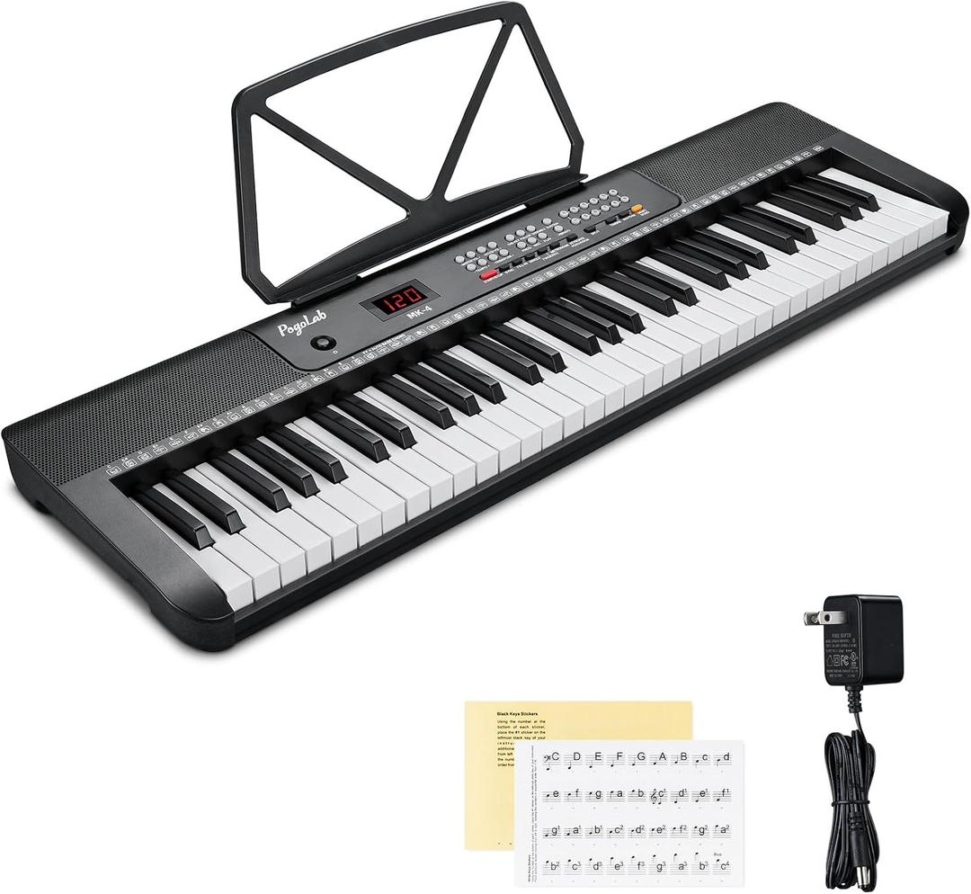 POGOLAB 61 Keys Compact Keyboard Piano, Multi-Function Electronic Piano with 255 Sounds, 255 Rhythms, 24 Demos, Includes Sheet Music Stand, Note Stickers & Power Supply, Gift for Beginners, Black