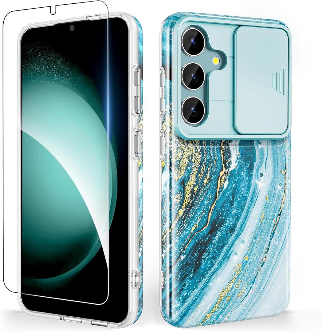 SHEDEER for Samsung Galaxy S24 Plus Case with Slide Camera Cover + Screen Protector, Samsung S24 Plus Case Shockproof Slim Thin, Glossy Fade-Resistant Pattern Phone Case Cover for S24+ Plus, Blue