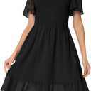 Seta T Women's Summer Chiffon Dresses Smocked V Neck Flutter Short Sleeve Flowy Casual Dress with Pockets (Black), S