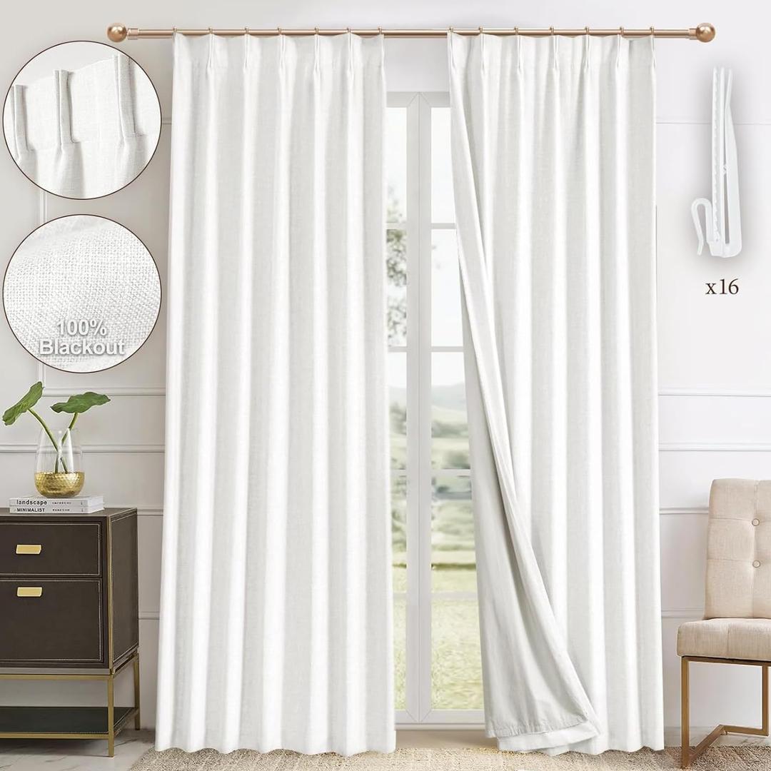 IVAPUPU Pinch Pleated Linen Blend Blackout Curtains for Bedroom - Ivory Full Black Out Curtains 84 Inch 2 Panels Set for Living Room Darkening Thermal Window Curtain Drapes with 16pc Hooks