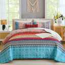 WONGS BEDDING Bohemian Quilt Set Queen Size, Boho Striped Pattern Bedspread Set for All Season, Microfiber Lightweight Coverlet Bedding Set 96"x90"(3 Pieces, Colorful) (Beige)