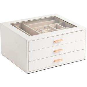 Jewelry Box with Glass Lid,3-Layer Jewelry Boxes for Women,PU Leather Jewelry Organizer with 20-Grid Earring Drawer & Movable Dividers for Necklaces Rings - Cloud White