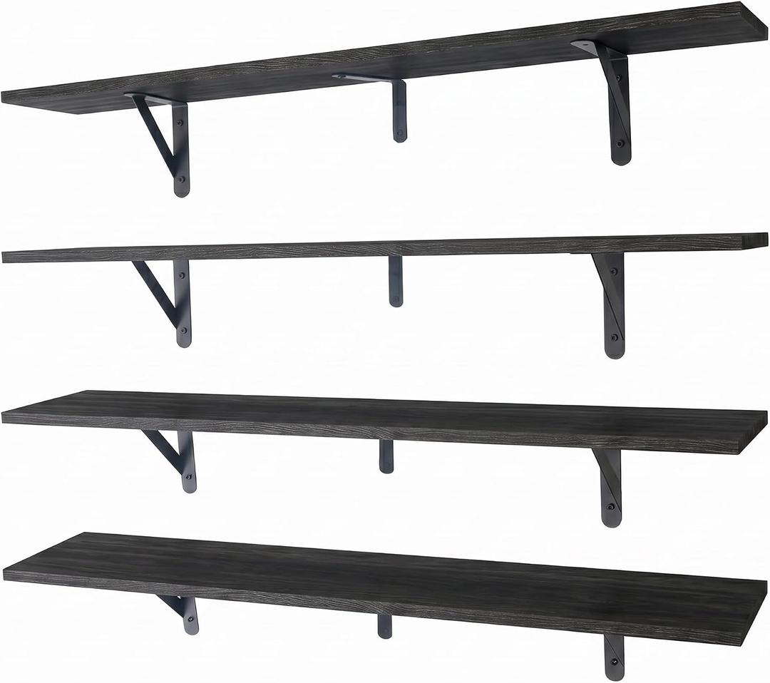 Long Wall Shelf,Large Floating Shelves for Wall,Wood Floating Bookshelves Hanging,Book Storage Display for Living Room Bedroom Office Bathroom Decor,4 Pack,36 Inch,Rustic Black