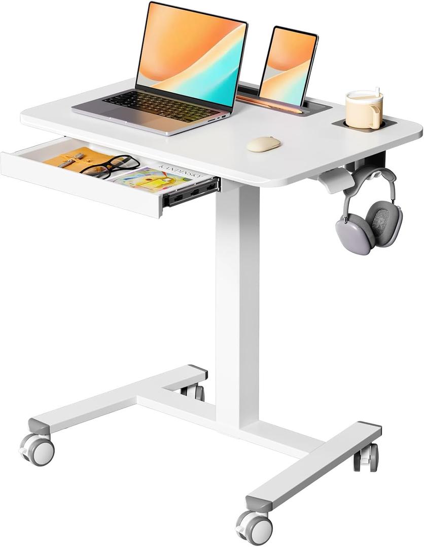 Mobile Standing Desk with Drawer, 28" Rolling Desk with Cup Holder and Hooks, Portable Laptop Cart on Wheels, Height Adjustable Workstation with Storage for Home Office, White