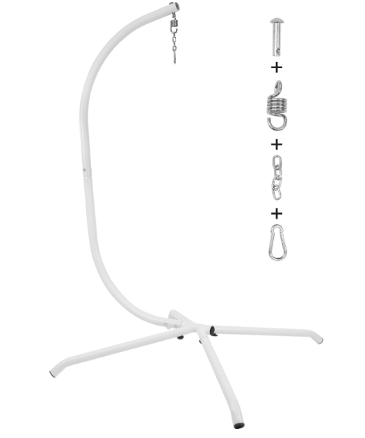 Elevon Hammock Chair Stand Only, Hanging Hammock Swing Stand for Outside with Buckle and Spring Hook, 400lb Capacity Heavy Duty Steel C-Stand with Stable Base for Egg Chair Outdoor Indoor (White)