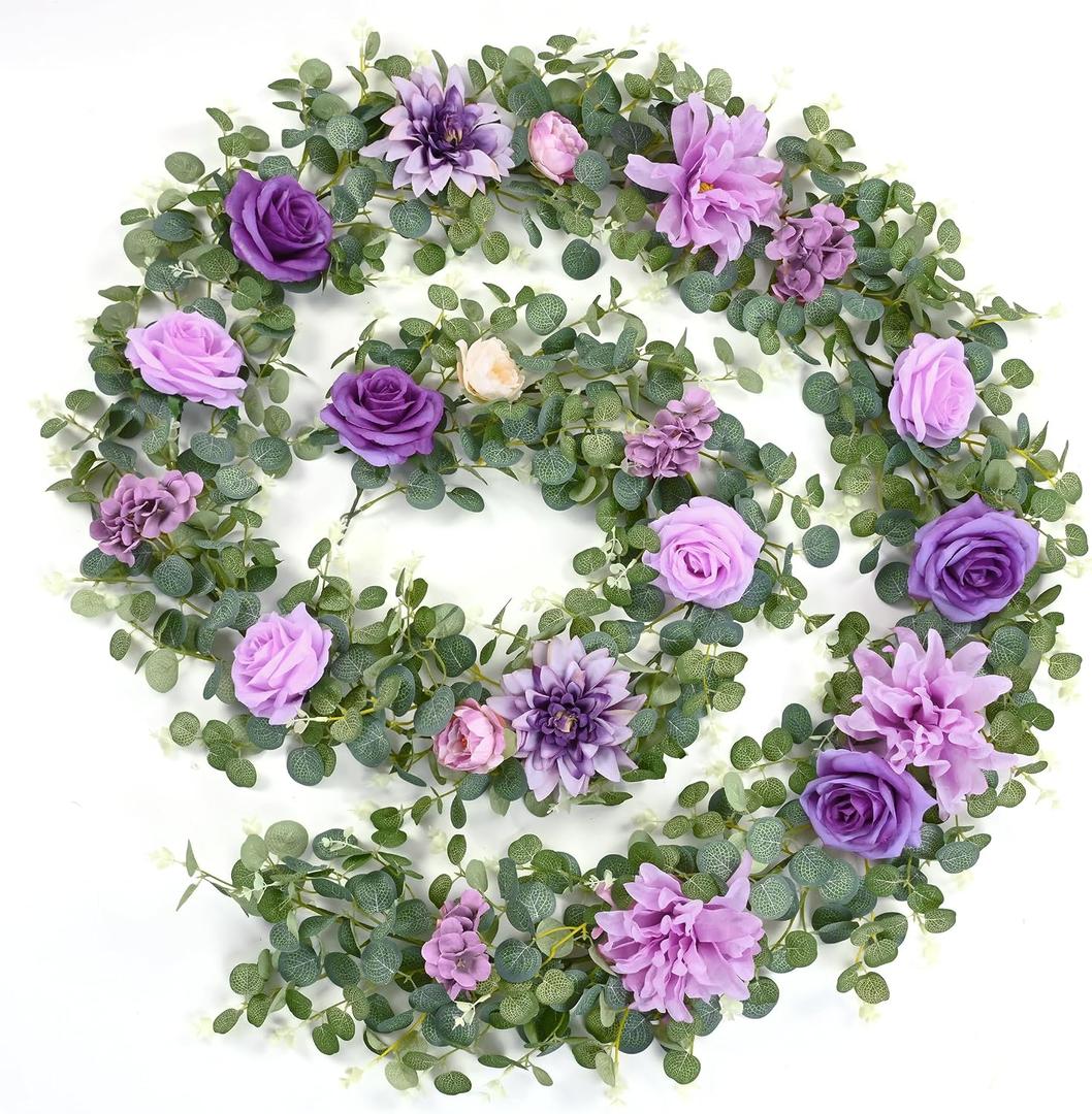 Waipfaru 8.85Ft Flower Garland, Eucalyptus Greenery Garland with Flowers, Rose Floral Vines for Wedding Table Runner Spring Summer Backdrop Decor (Purple)