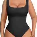 FeelinGirl Bodysuits for Womens Tummy Control Seamless Square Neck Compression Bodysuit Thong Bodysuit Black XL/XXL