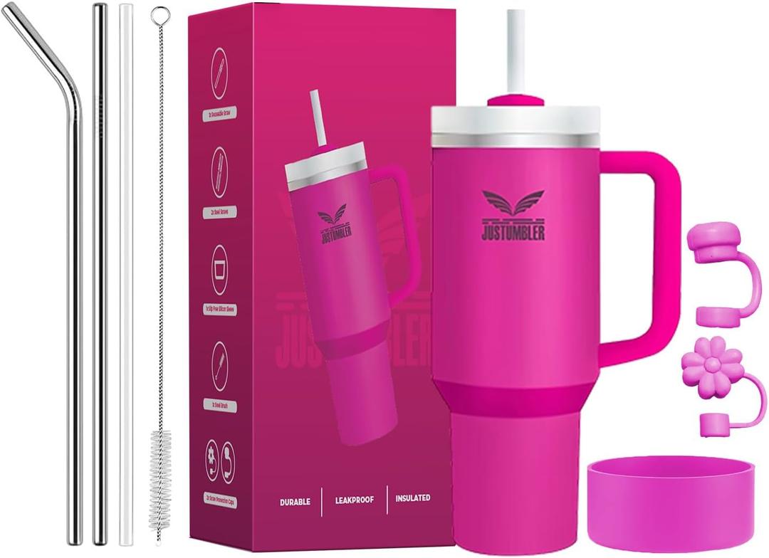40 Oz Insulated Tumbler with Handle and Straw, Stainless Steel Coffee Travel Mug with Lid, Leak Proof Water Bottle with Accessories, Fuchsia
