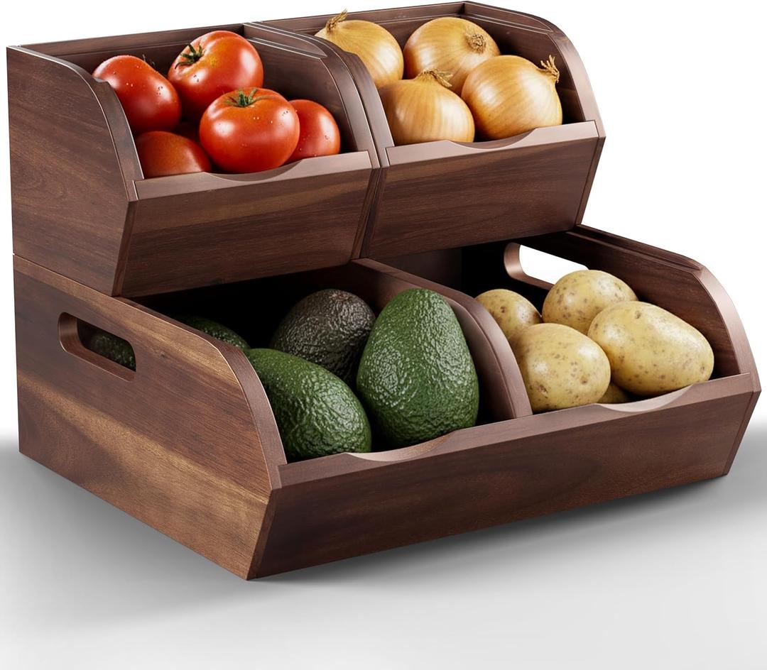 Acacia Wood Pantry Storage Bins - Stackable Open Front Kitchen Baskets with Airflow Vent for Potato, Onion, Fruit, Vegetable, and Bread Storage, Wood Organizer for Pantry and Countertop (Walnut)