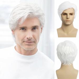 Men's Wigs White Short Wigs Natural Looking Heat Resistant Synthetic Hair with Adjustable Cap Black 180g