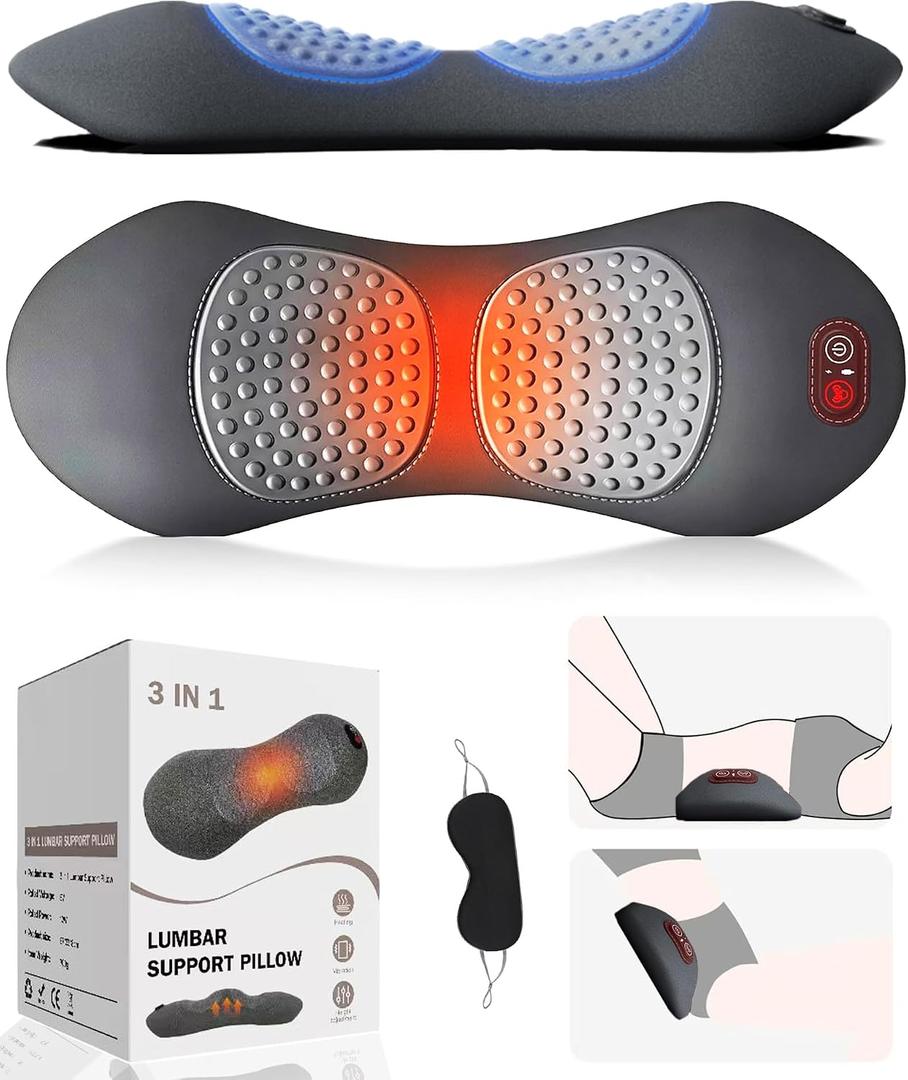 Triple Fusion Back Massager,Smooth Electric Lumbar Support Pillow, with Heat, Vibration, Traction,Spine Massager Adjustable Height for Bed and Chair for Relief Deep Tissue