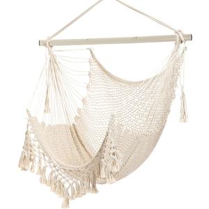 Hammock ChairMax 330lbs, Large Hanging Chair, Soft Cotton Rope Swing Chair with High Load-Bearing Metal Rod,Indoor Outdoor Garden Yard Living Room Use Beige