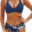 Yonique Women Two Piece Bathing Suits Push Up Bikini Set Halter Swimsuit Vintage Swimwear Dark Blue Flower, Medium