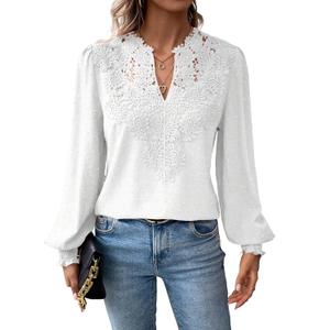 Womens Dressy Lace Blouse V Neck Ruffle Long Sleeve T Shirt 2026 Fashion Clothes Lace Crochet Casual Boho Tees Tops (Large, White)