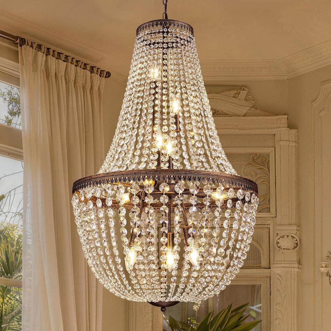 Wellmet French Empire Crystal Chandelier Farmhouse Antique Bronze Chandeliers Light Fixture, 10 Lights Adjustable Pendant Light for Dining Living Room, Bedroom, Entryway, Kitchen, Foyer, 25.4" W