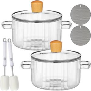 Tioncy 2 Pcs Clear Glass Pots for Cooking on Stove 1.3 L 44 oz Glass Saucepan with Lid Handle Simmer Pot Handmade Cookware Borosilicate Cooking Pot with Brushes and Silicone Mats(Ribbed)