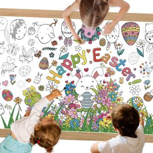 5 x Easter Giant Coloring Tablecloth,Easter Crafts for Kids,Large 30x72 Inch Poster with Bunnies, Eggs, Flowers,Paper Coloring Banner Games Activities Gifts Party Decorations for Party Games