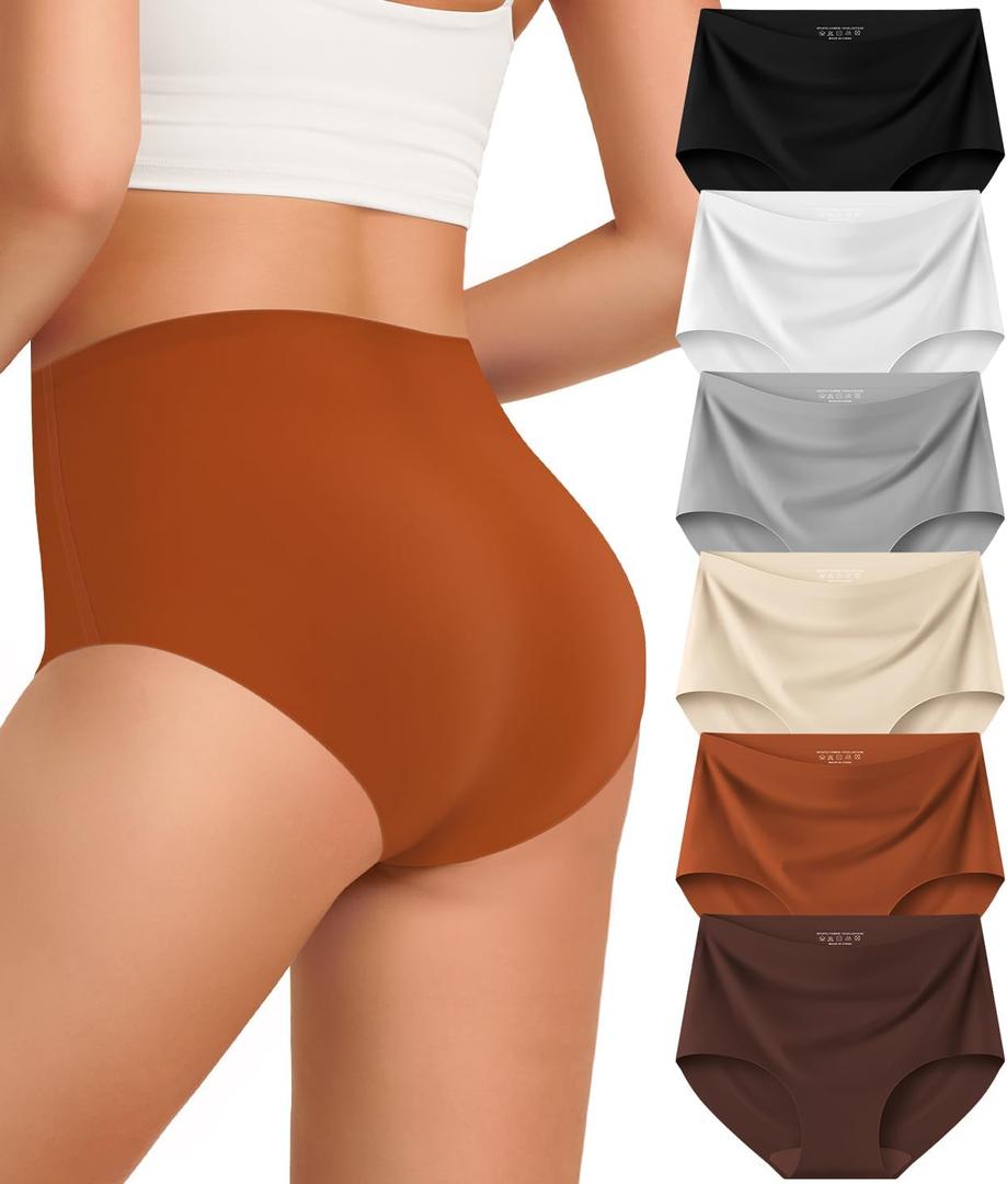 Kalapa Womens Underwear Seamless Full Coverage Breathable Briefs No Show Silky Stretch High Waisted Ladies Panties 6 Pack (Small)
