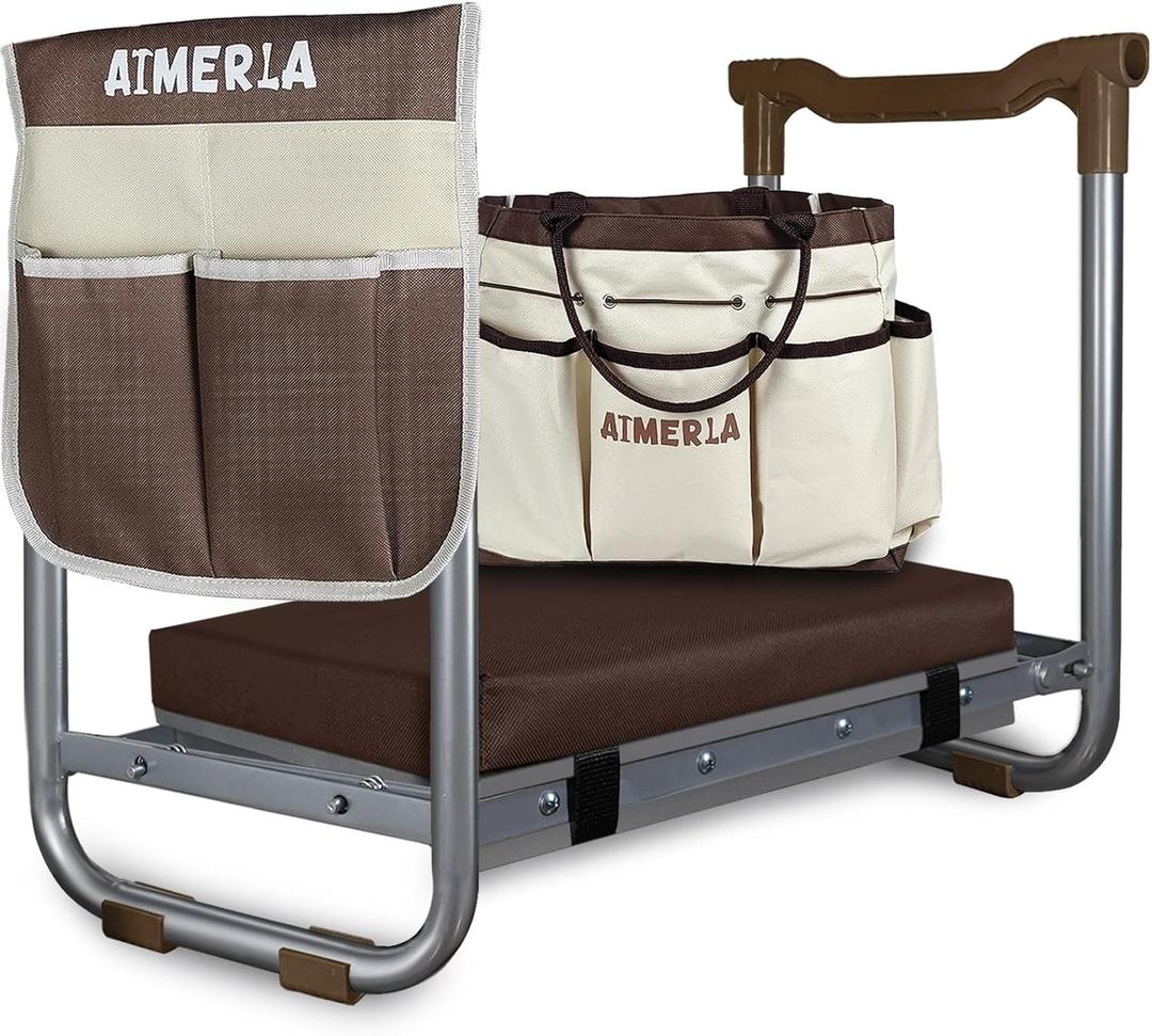 Aimerla K5 Foldable Kneeler Seat - Heavy Duty (Detachable Cloud Kneeler Pad) - Garden Stool - 2 Large Tool Bags - Portable Bench for Indoor & Outdoor, Brown
