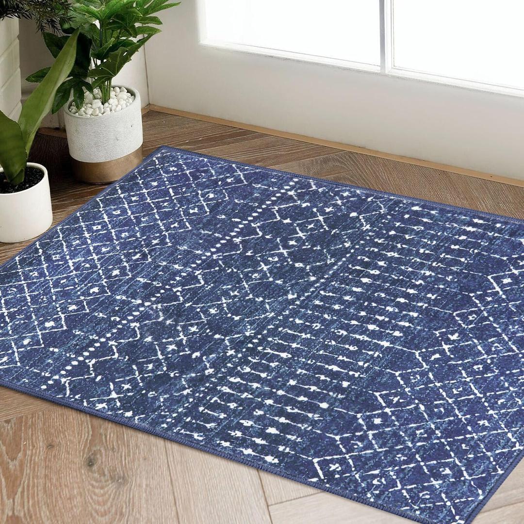 Beeiva Moroccan Entry Rug for Inside House, 2'x3' Washable Non Slip Indoor Area Rug for Entryway, Geometric Printed Low Pile Door Mat for Kitchen, Bathroom, Bedroom - Blue
